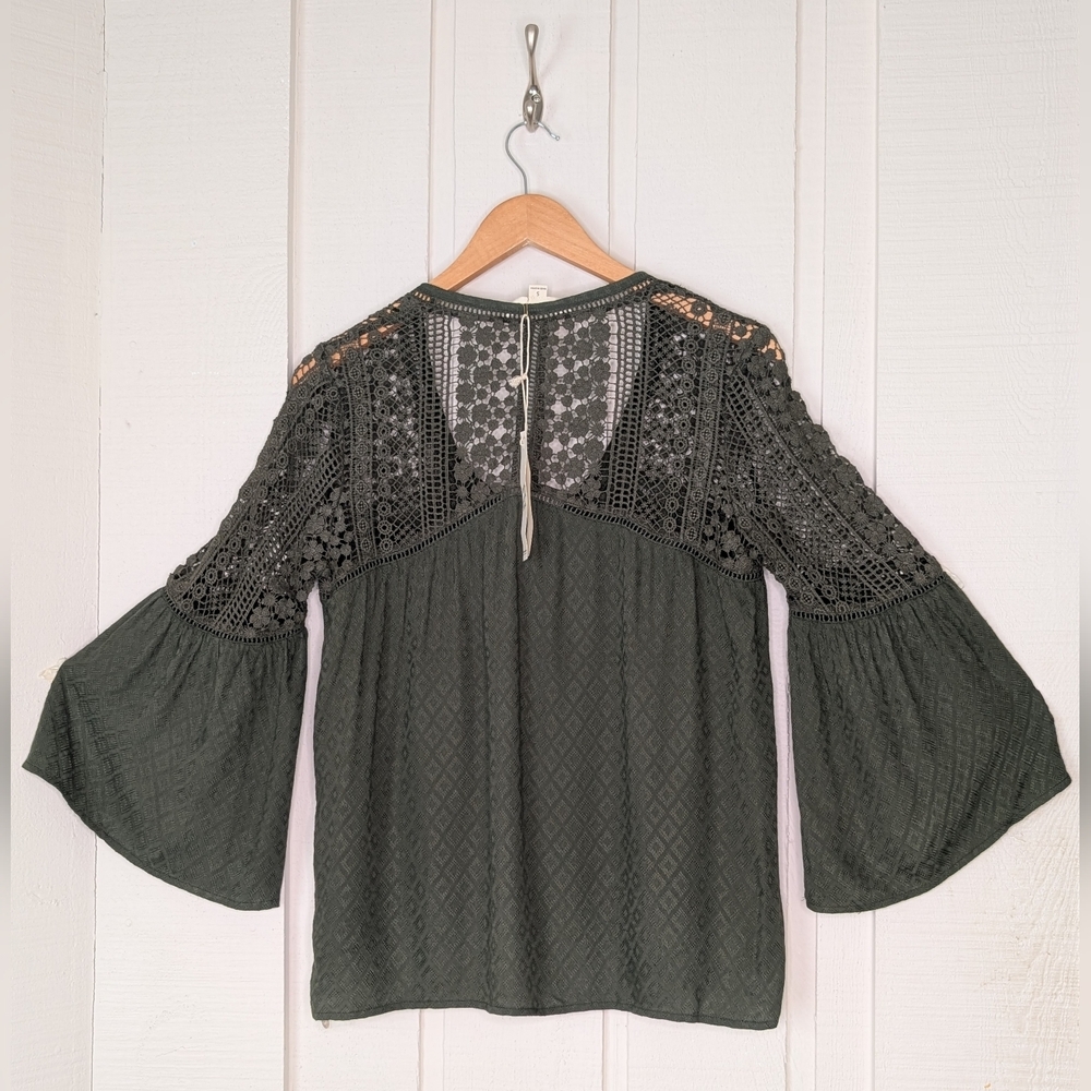 NWT LOVESTITCH Olive Green Sahara Mixed Lace Top Sz Small Rayon Flowy Boho Chic - Picture 5 of 17